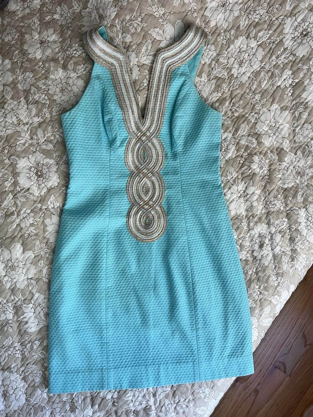 Lilly Pulitzer Valli Serene Blue Metallic Soutache Jumbo Pique Shift Dress 00